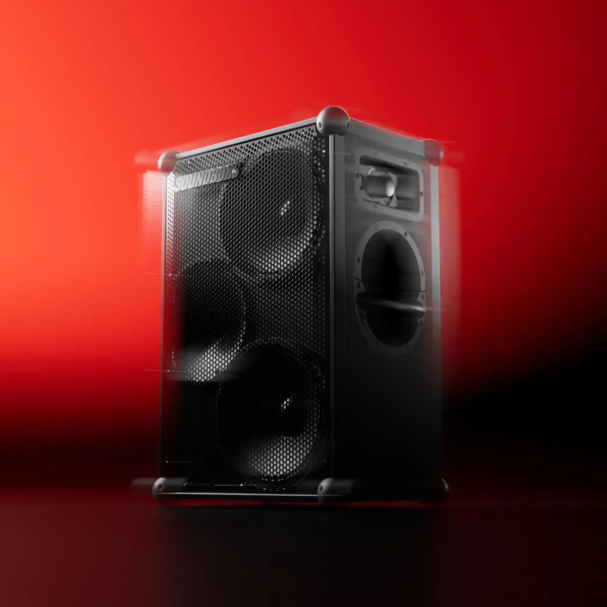 Black Soundboks 4 against a red background